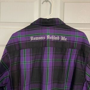 “ Demons Behind Me” brand, long sleeve flannel unisex flannel shirt.